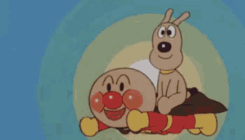 a cartoon character is riding on the back of another character while a dog looks on .