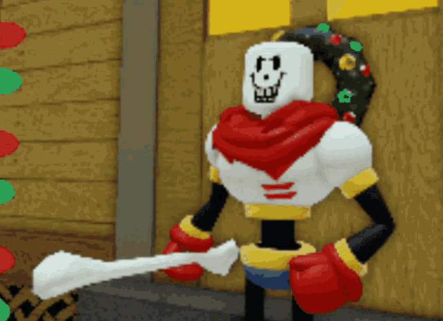 papyrus from undertale is holding a bone and wearing a wreath on his head