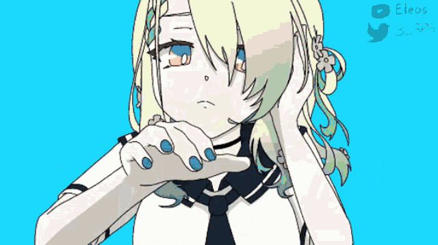 a drawing of a girl with blue nails and a flower in her hair says eleos on the bottom