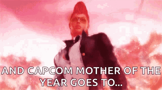 a picture of a woman in a suit and tie with the caption " and capcom mother of the year goes to ... "