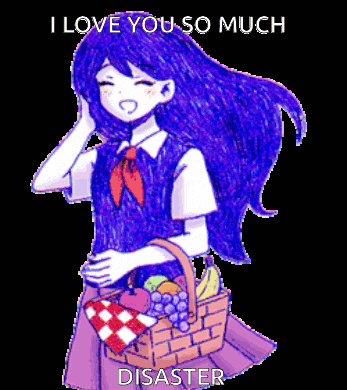 a girl with blue hair is holding a basket of fruit and says " i love you so much "
