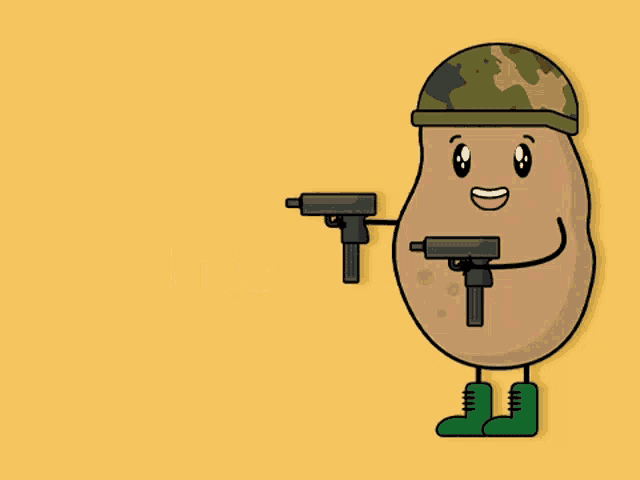 a potato wearing a helmet and boots is holding a gun in front of the words " good night "
