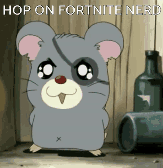a picture of a hamster with the words hop on fortnite nerd on the bottom