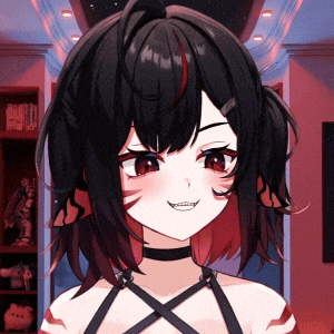 a girl with black hair and red highlights is wearing a choker around her neck