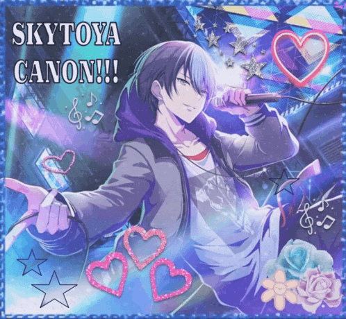 a picture of skytoya canon holding a microphone with hearts and stars around him