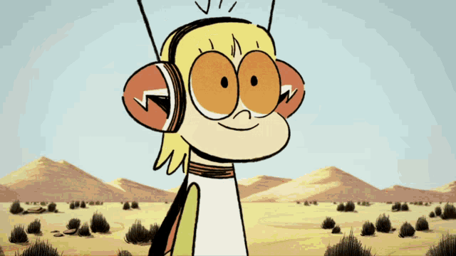 a cartoon character wearing headphones and sunglasses is standing in the desert