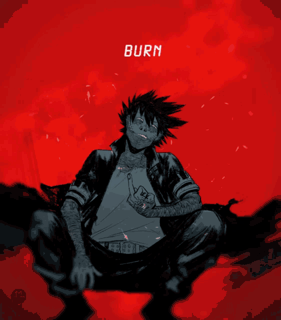 a black and white drawing of a man with the word burn on the bottom