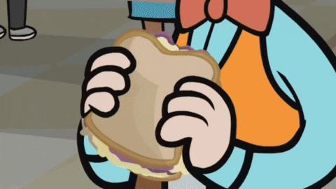 a cartoon character eating a sandwich with a bow tie