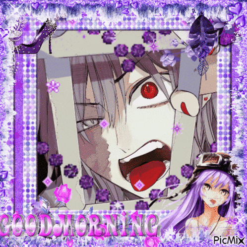 a picture of a girl with purple hair and red eyes is surrounded by purple flowers and the words good morning
