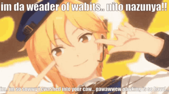 a picture of a girl with the words im da weader of wabits