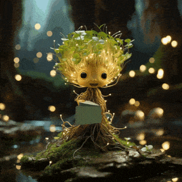 a tree with a book in its hand is sitting on a rock