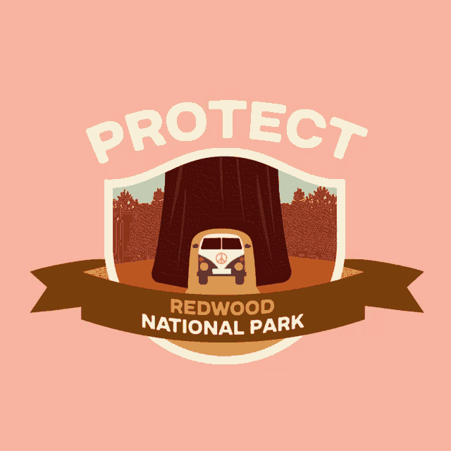 a logo for redwood national park with a shield and a hippie van