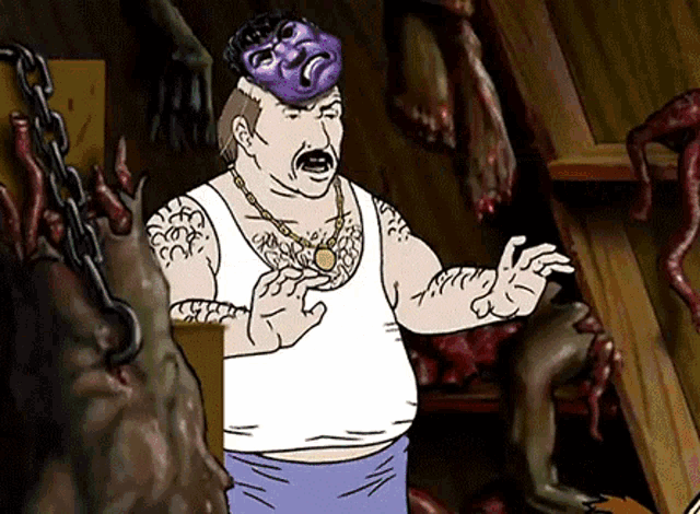a cartoon of a man with a mask on his head and a chain around his neck