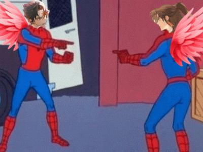 a cartoon of a man in a spiderman costume pointing at another man with pink wings