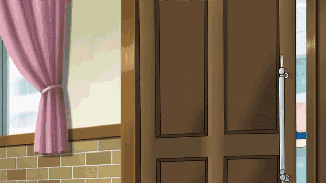 a door with a pink curtain hanging on the wall
