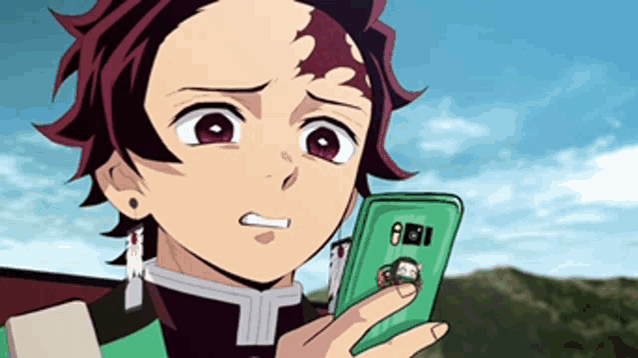 a cartoon character is holding a cell phone with the number 8 on the back