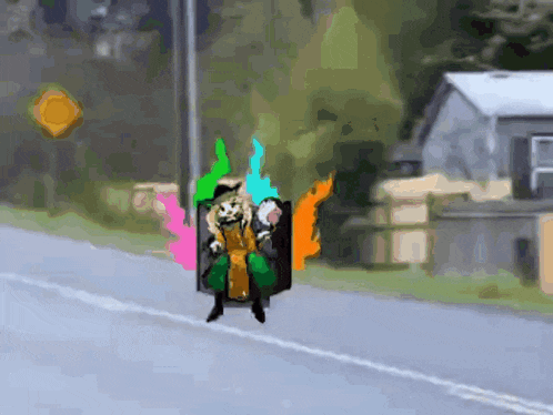 a cartoon drawing of a person in a costume walking down a street