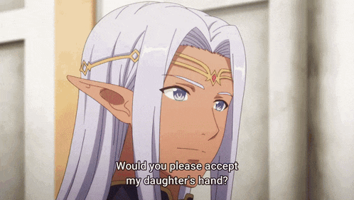 a woman with long white hair says " would you please accept my daughter 's hand ? "