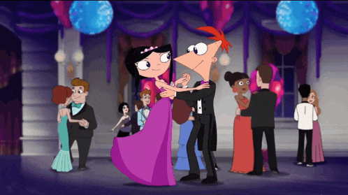a couple of cartoon characters are dancing together in a ballroom