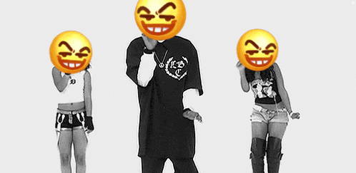 a man and two women are dancing with smiley faces on their faces