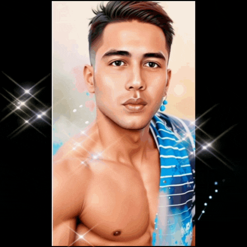 a shirtless man with a blue towel around his neck