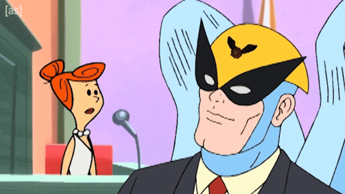 a cartoon of a man in a suit and mask with a bird on his face