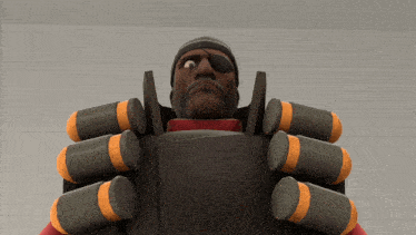 a statue of a man with bullets on his shoulders looks up at the camera