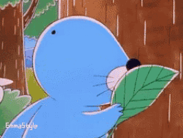 a cartoon of a blue animal holding a green leaf with the words emmastyle below it