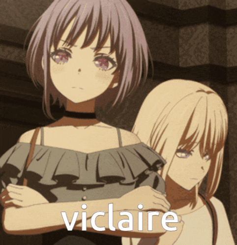 a girl with purple hair is standing next to another girl with blonde hair and the word vicaire on the bottom