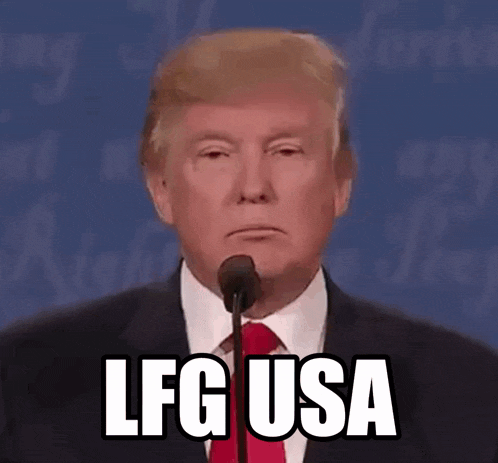 donald trump is speaking into a microphone with the words lfg usa written on his face