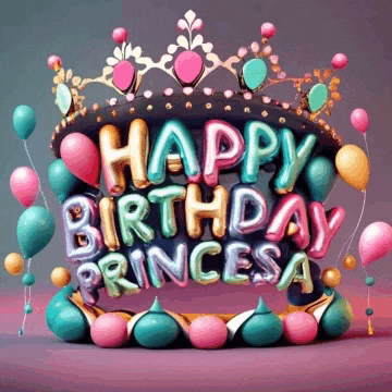 a birthday cake with balloons and a crown that says happy birthday princess