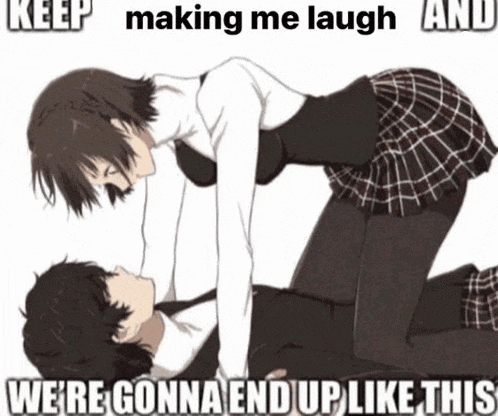 a girl is laying on top of a man with a caption that says keep making me laugh