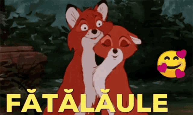 a couple of foxes hugging each other with the words fatalaule written in yellow