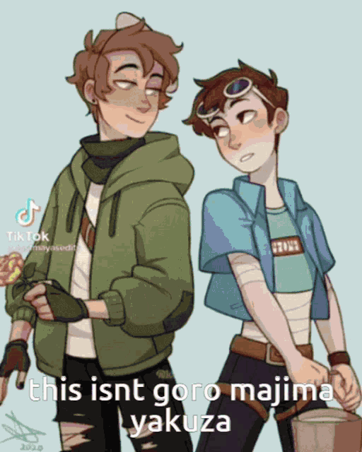 a drawing of two boys standing next to each other with the caption this isn t goro majima yakuza