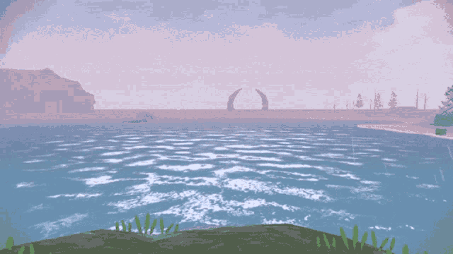 a computer generated image of a body of water with the letter o in the distance
