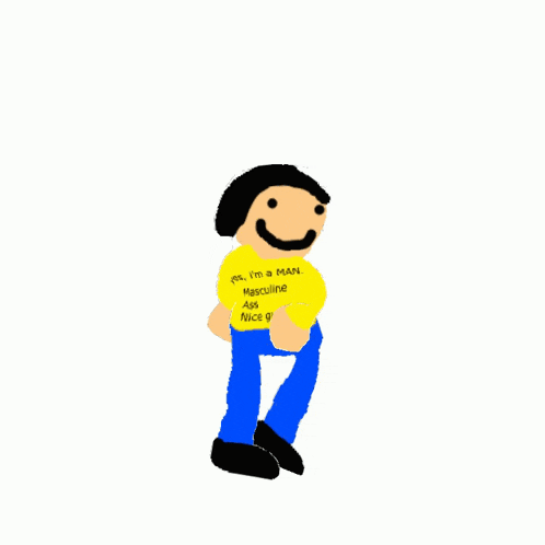 a drawing of a man wearing a yellow shirt that says " yes i 'm a man "