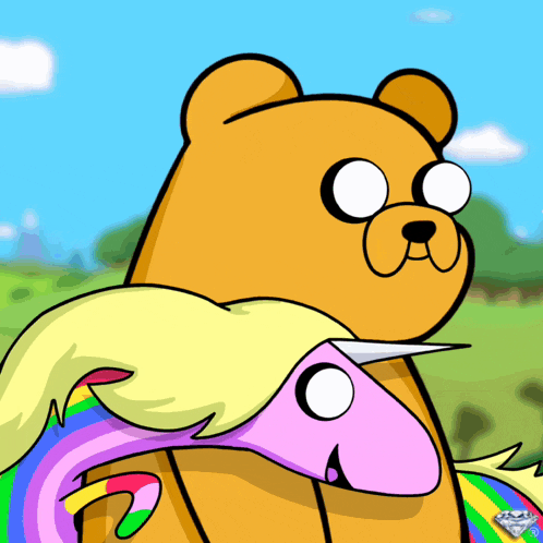 a cartoon drawing of a bear and a unicorn
