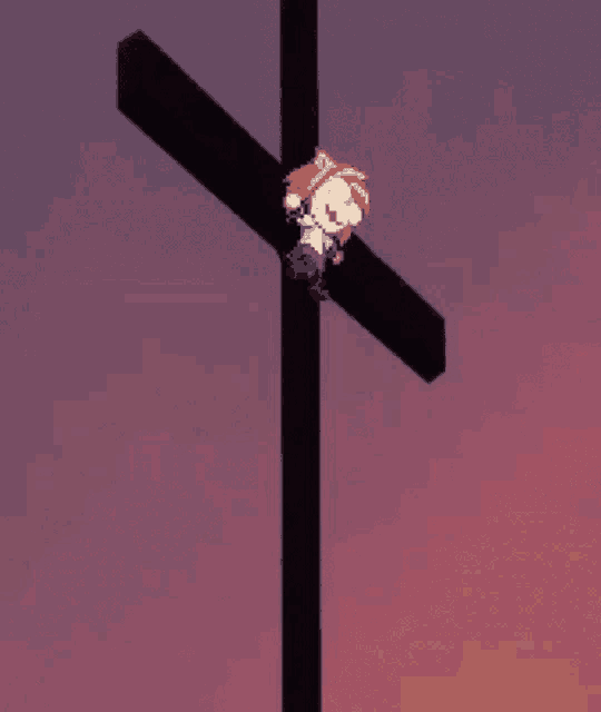 a pixel art of a person on a cross with a purple sky in the background