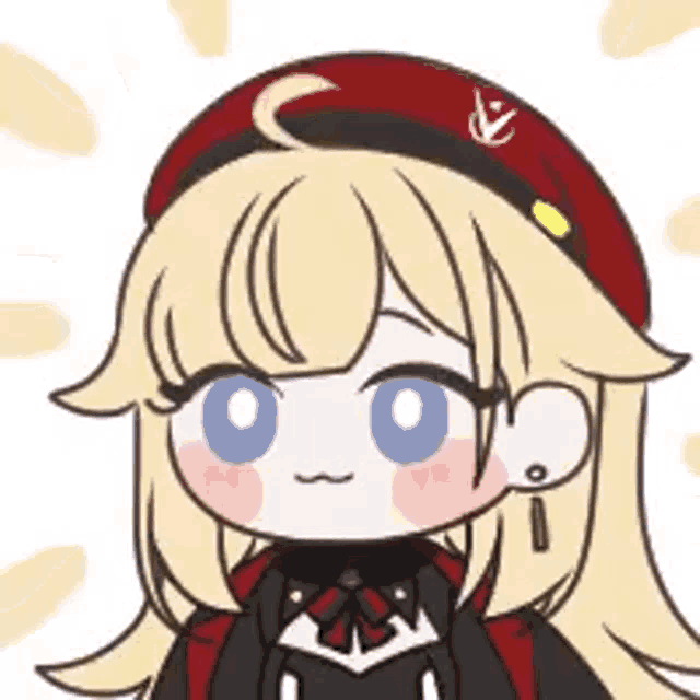 a cartoon girl with long blonde hair and a red hat is wearing a black jacket .