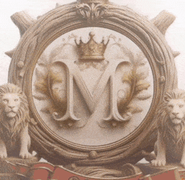 the letter m is carved into a circular frame with two lions