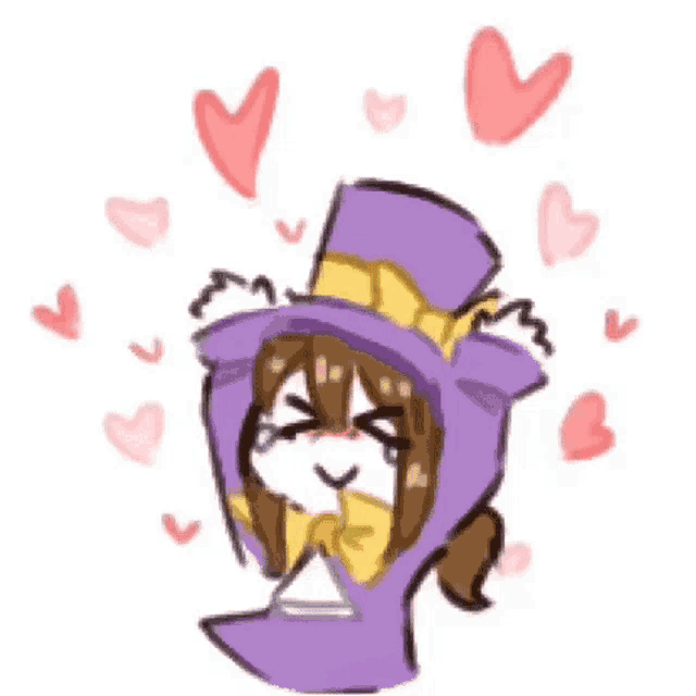 a drawing of a girl wearing a purple top hat with hearts around her .