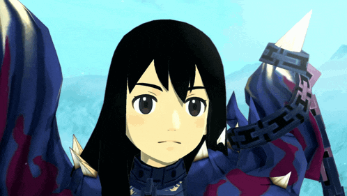 a cartoon character with long black hair is wearing a blue and purple armor
