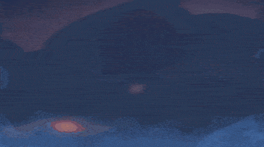 a cartoon character is standing in a dark room with a purple shirt on