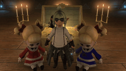 two dolls are standing in front of a treasure chest with a pink heart coming out of it