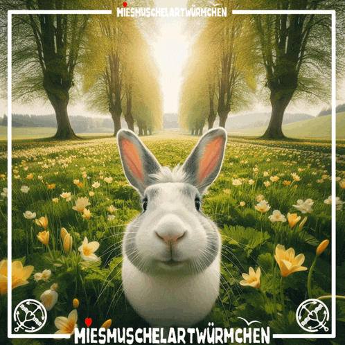 a picture of a rabbit in a field with the words " miesmuschelartwurmchen " on the bottom