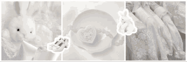 a collage of three pictures of white rabbits , clothes , and a heart shaped candy .