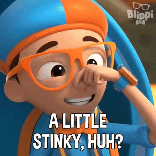 a cartoon character from blippi is holding his nose and saying a little stinky huh ?