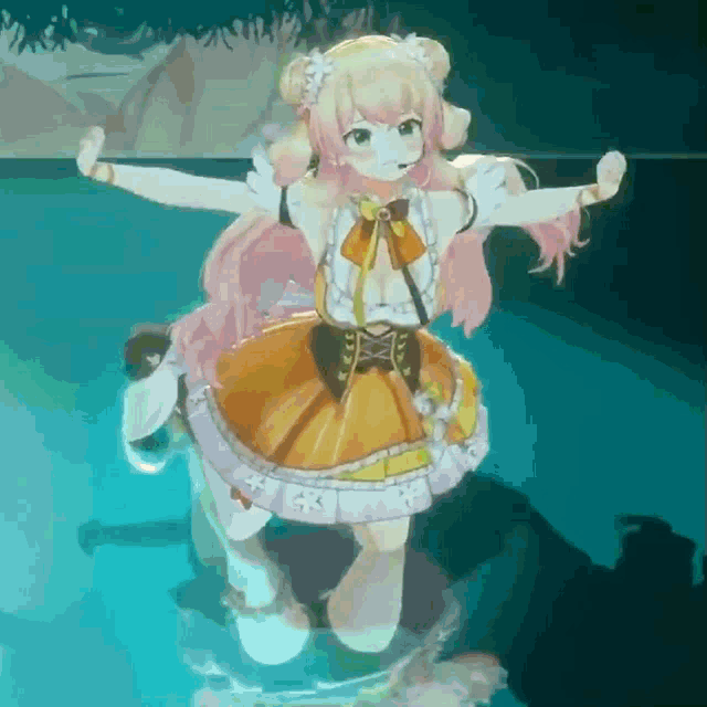 a girl with pink hair and a yellow dress is standing in the water with her arms outstretched