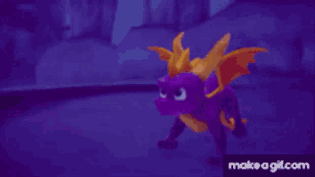 a purple dragon with orange wings and horns is standing in a dark room ..