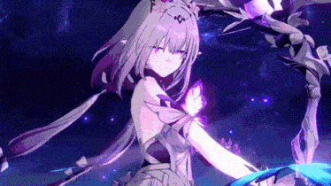 a girl with purple hair is holding a butterfly in her hand .